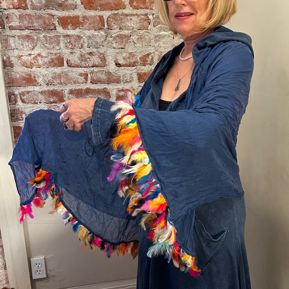 Vismaya Rainbow feather trim blue wrap large scarf